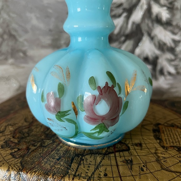 Vintage Blue Hand-Painted Glass Bottle Vase Floral Ruffled Rim No Stopper - Picture 6 of 10
